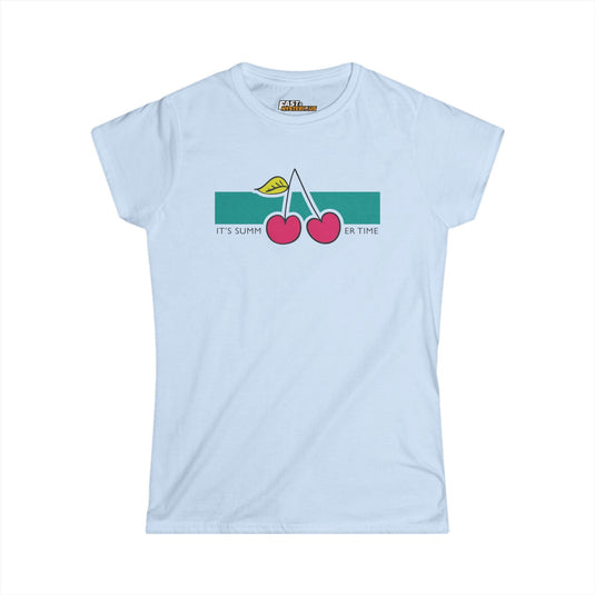 Light blue women’s cut tee with a fun cherry graphic and 'It’s Summertime' text, ideal for enjoying sunny days.