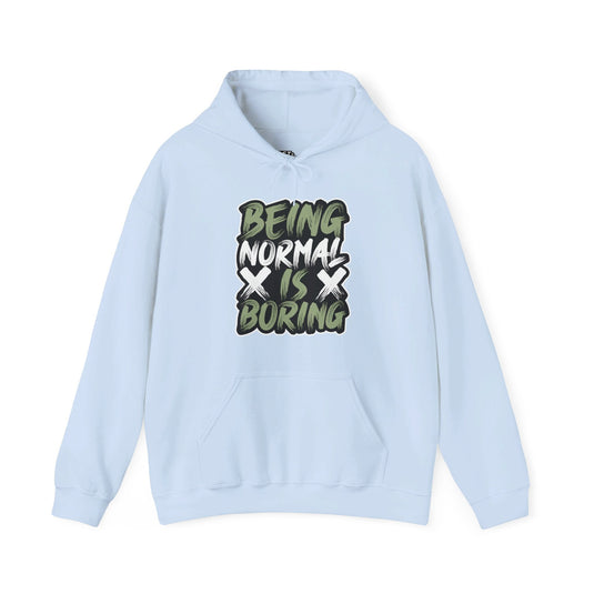 Light blue hoodie for men and women with bold graffiti-style 'Being Normal is Boring' design, perfect for sarcastic humor.