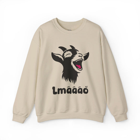 Sand-colored sweatshirt with a funny goat graphic and "LMAAOO" text, perfect for men and women with a playful style.