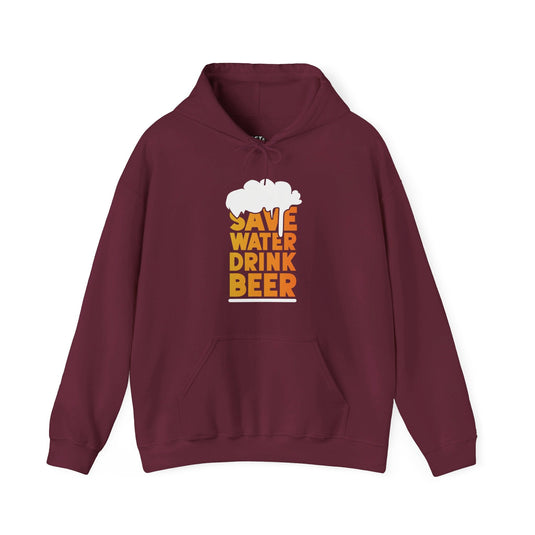 Maroon hoodie for men and women with a playful "Save Water Drink Beer" graphic, ideal for those who love beer and humor.