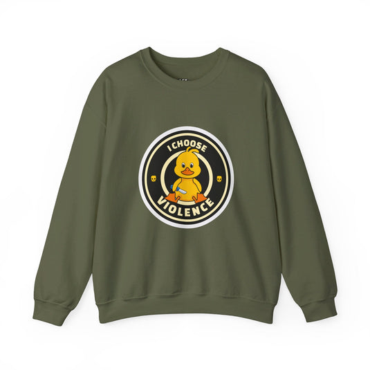 Military green sweatshirt with a sarcastic rubber duck graphic holding a knife and the text "I Choose Violence".