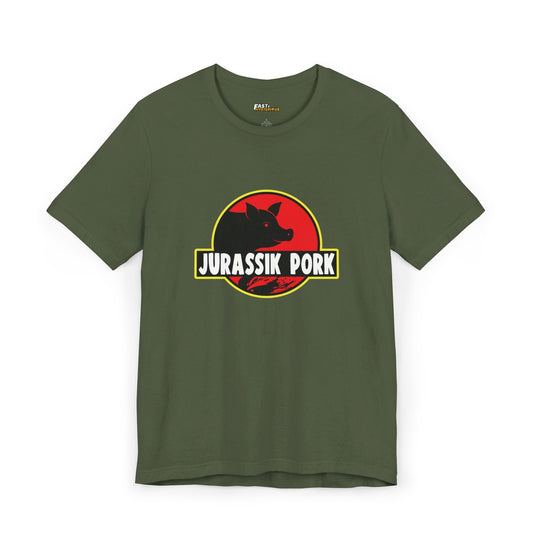 Military Green Jurassik Pork t-shirt for men and women, featuring a humorous brand parody design. Ideal for casual, everyday wear.