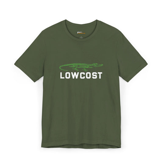 Military Green 'Lowcost' tee for men and women, combining subtle sarcasm with a clever brand parody design.