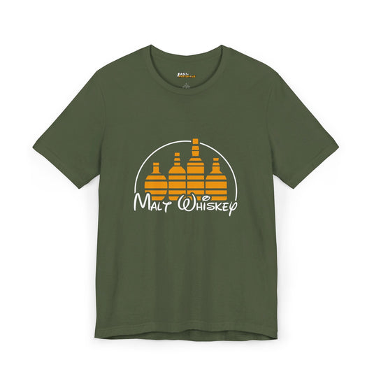 Military Green 'Malt Whiskey' parody t-shirt, ideal for whiskey lovers who enjoy humor and stylish tees.