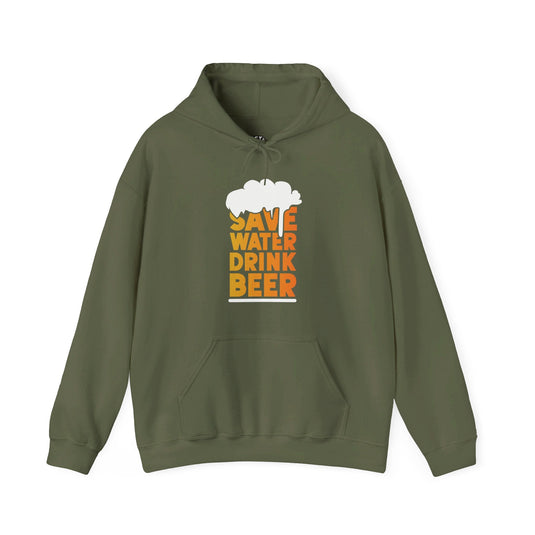 Military green hoodie for men and women featuring a funny "Save Water Drink Beer" design, perfect for beer lovers.