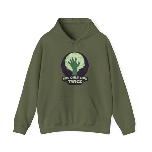 Military green hoodie for men and women with a bold "You Only Live Twice" design and zombie graphic, perfect for sarcasm lovers.