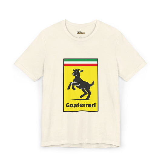 Natural Goaterrari t-shirt for men and women, clever brand parody with a goat. Perfect for casual wear and car enthusiasts