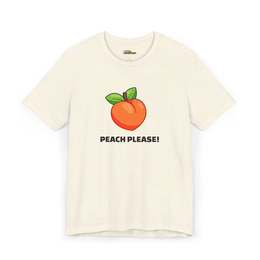 Natural-colored tee for men and women with a peach graphic and 'Peach Please!' text, fun and casual.