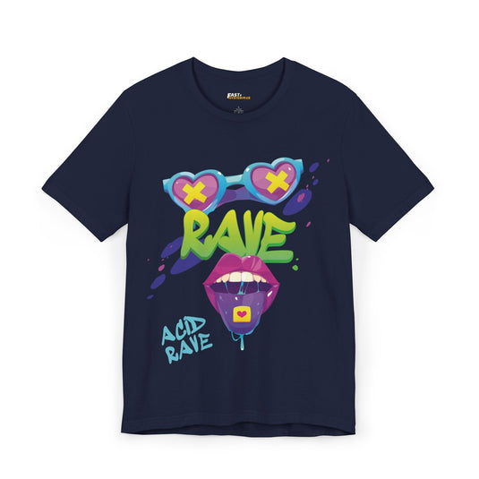 Navy t-shirt with psychedelic heart-shaped sunglasses and bold graffiti lettering, ideal for rave trip lovers and festival fashion.