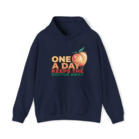 Navy hoodie for men and women featuring a playful 'One A Day Keeps the Doctor Away' design with a peach graphic.