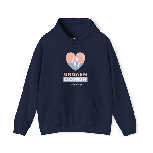 Navy hoodie for men featuring cheeky "Orgasm Donor" design with heart and pulse graphic, ideal for sarcasm lovers.