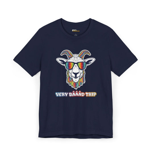 Navy tee for men and women featuring a bold 'Very Baaad Trip' graphic, perfect for those who love the rave scene.