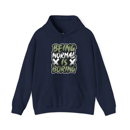 Navy hoodie for men and women featuring graffiti-style 'Being Normal is Boring' text, ideal for showcasing your individuality.