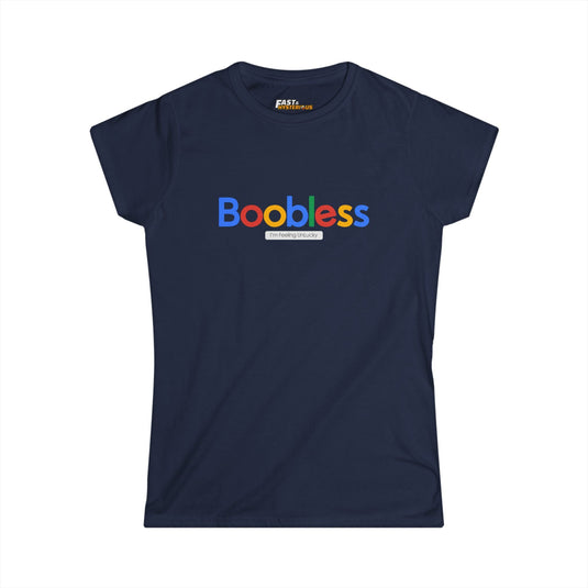 Navy women's t-shirt with a sarcastic 'Boobless' graphic, great for women with a sense of humor.