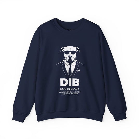 Navy sweatshirt for men and women with a witty 'Dog In Black' design, ideal for fans of pitbulls and pop culture parodies.