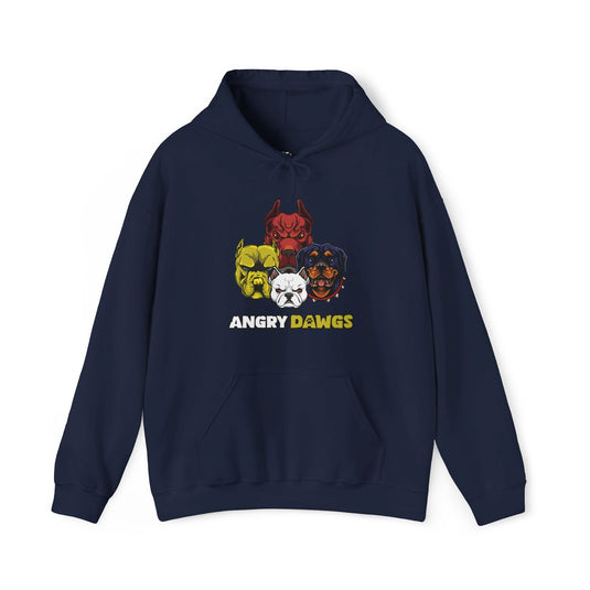 Navy hoodie with the "Angry Dawgs" design, ideal for men and women who enjoy a subtle nod to popular culture and dog humor.