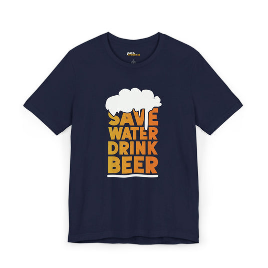 Navy tee for men and women featuring the humorous 'Save Water, Drink Beer' message, ideal for any beer enthusiast.