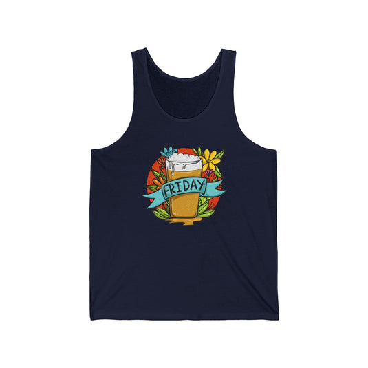 Navy tank top for men and women featuring a fun "Friday Beer" design with colorful beer mug and floral graphics, ideal for beer lovers.