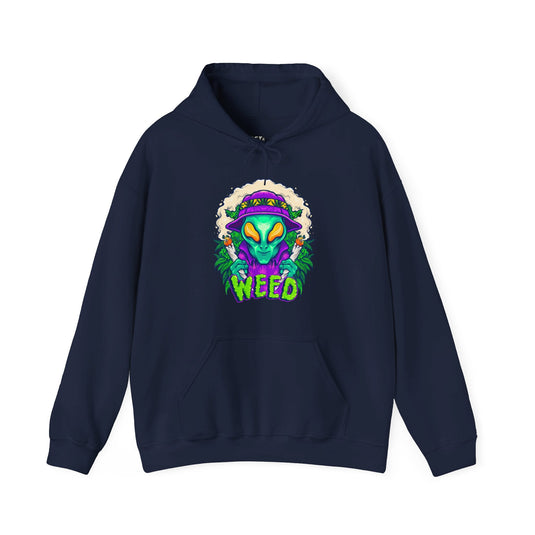 Navy hoodie for men and women with a playful "Alien Weed" graphic, ideal for those who love cannabis culture and bold designs.