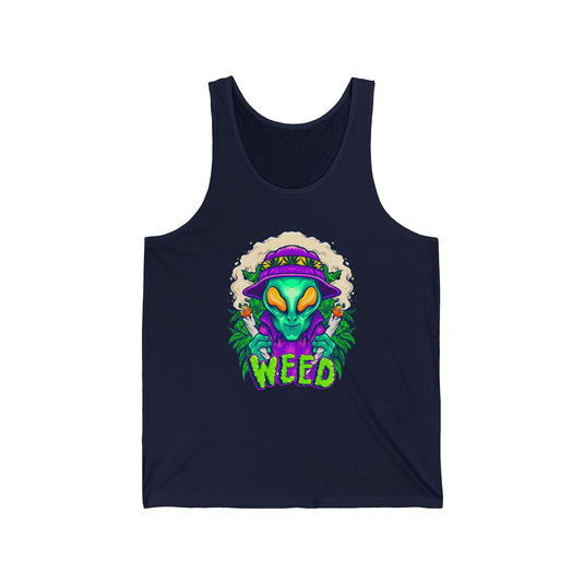 Navy tank top for men and women featuring a vibrant "Alien Weed" design with bold cannabis graphics, perfect for weed lovers.