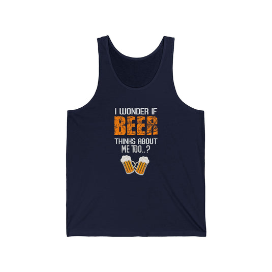 Navy tank top for men and women featuring a playful "I Wonder If Beer Thinks About Me Too" design with beer mug graphics, ideal for beer lovers.