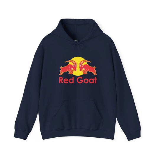 Navy hoodie for men and women with a playful, funny red goat design, a subtle twist on a famous brand logo, ideal for parody fans.