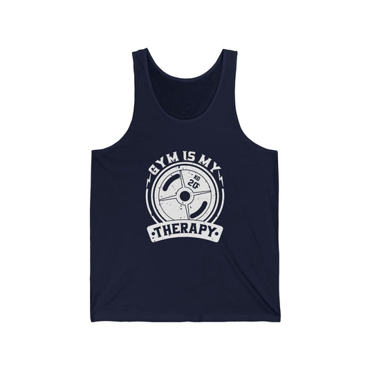 Navy tank top for men and women featuring a bold "Gym Is My Therapy" design with a weight plate graphic, perfect for funny fitness enthusiasts.