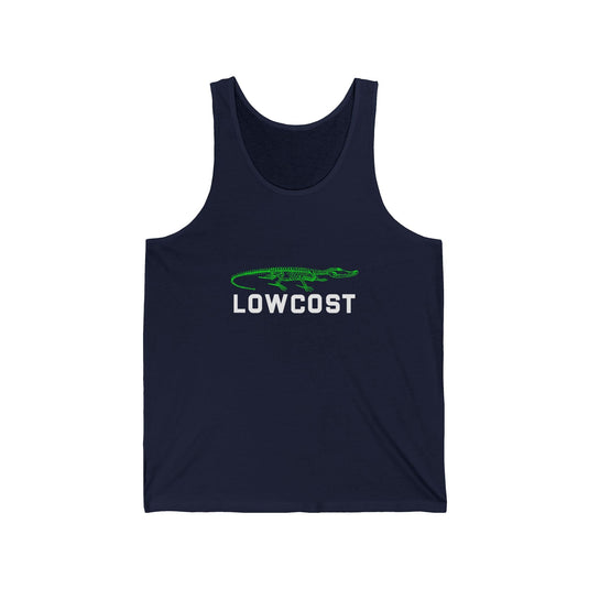 Navy tank top for men and women featuring a clever "Lowcost" brand parody design, perfect for those who enjoy subtle humor.