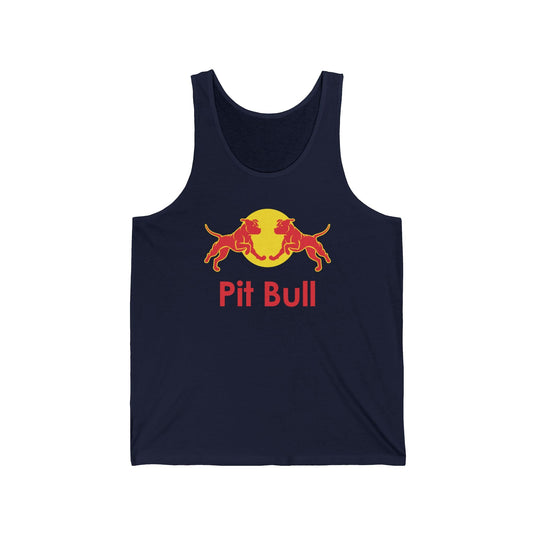 Navy tank top for men and women featuring a clever "Pit Bull" brand parody design, perfect for dog lovers who enjoy subtle humor.