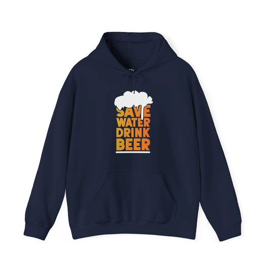 Navy hoodie for men and women featuring a funny "Save Water Drink Beer" design, perfect for casual wear and beer enthusiasts.