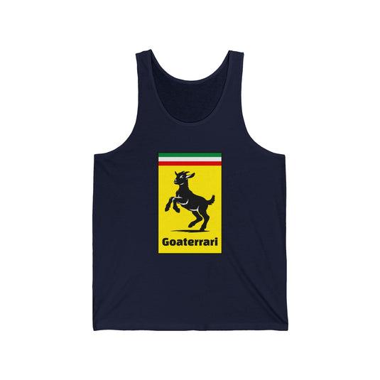 Navy tank top for men and women with a clever "Goaterrari" brand parody design, ideal for those who love subtle humor and cars.