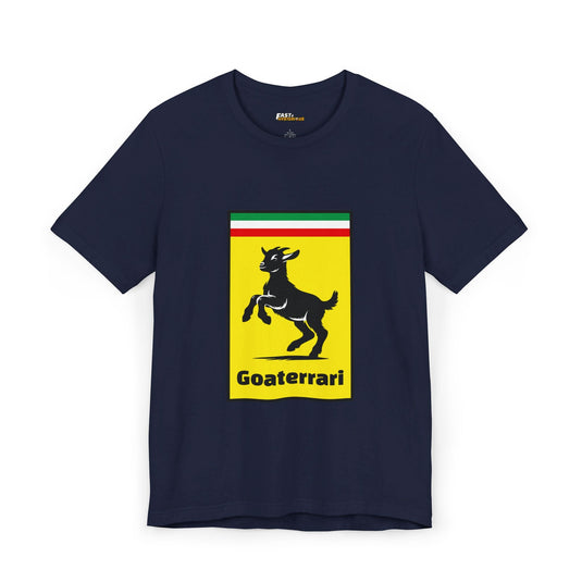 Navy Goaterrari t-shirt, featuring a witty and funny parody of the Ferrari logo. Ideal for car lovers and fans of creative humor.