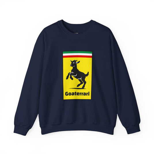 Navy sweatshirt for men and women featuring a fun 'Goaterrari' parody graphic, great for fans of unique, humorous designs.