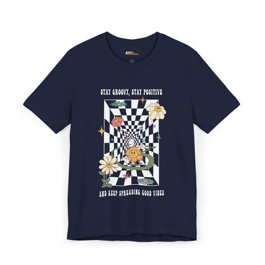 Navy t-shirt featuring a checkerboard and floral design, perfect for spreading positivity at raves and festivals.