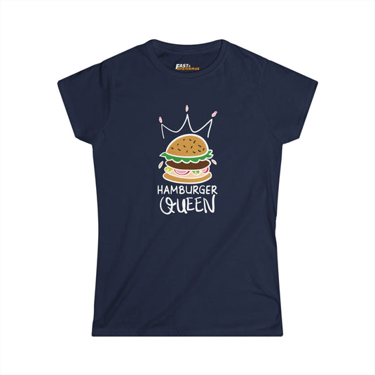 Navy Hamburger Queen t-shirt for women, playful and sarcastic graphic tee ideal for casual outfits and food enthusiasts.