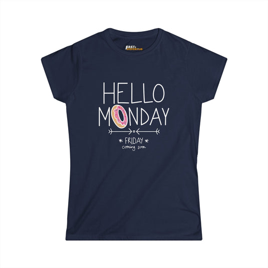 Navy Hello Monday t-shirt for women, funny and sarcastic graphic tee ideal for easing into the week with style.