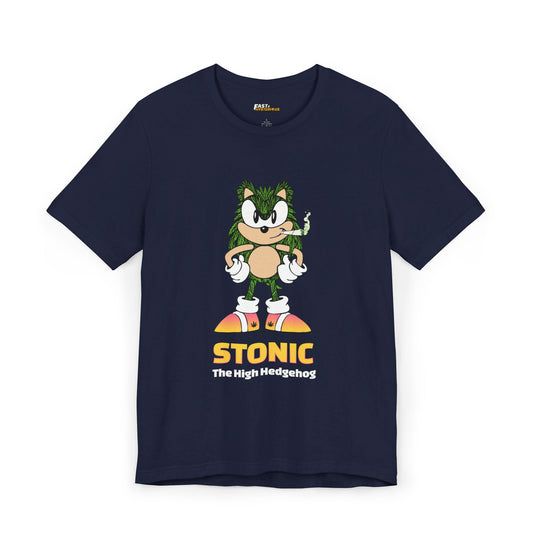 Navy tee for men and women featuring a bold 'Stonic The High Hedgehog' design, perfect for mixing humor with weed culture.