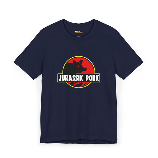 Navy Jurassik Pork t-shirt for men and women, featuring a clever brand parody design. Great for casual wear with a humorous twist.