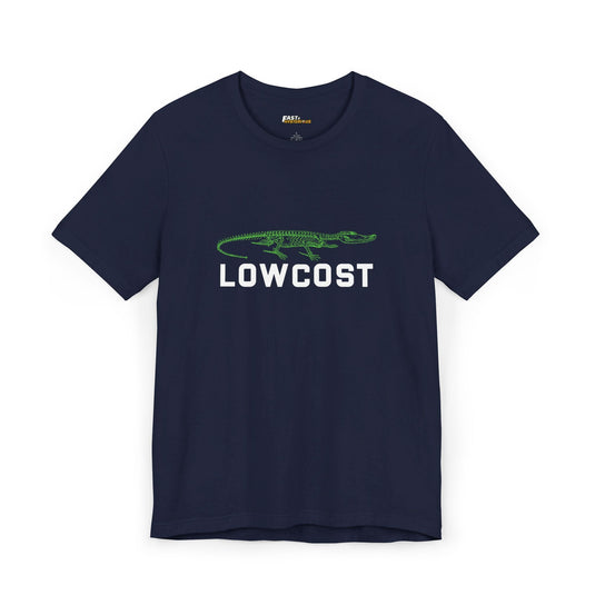 Navy 'Lowcost' t-shirt for men and women, featuring a humorous twist on a well-known brand.