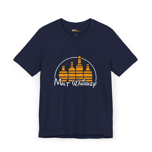 Navy 'Malt Whiskey' graphic tee, a parody shirt for men and women who love both whiskey and clever designs.