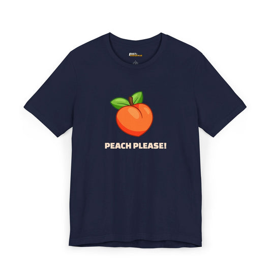 Navy tee for men and women featuring a cheeky peach graphic and 'Peach Please!' text, playful and stylish.