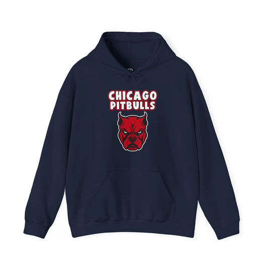 Navy hoodie with the "Chicago Pitbulls" design, ideal for men and women who enjoy a subtle nod to popular culture and pitbull humor.