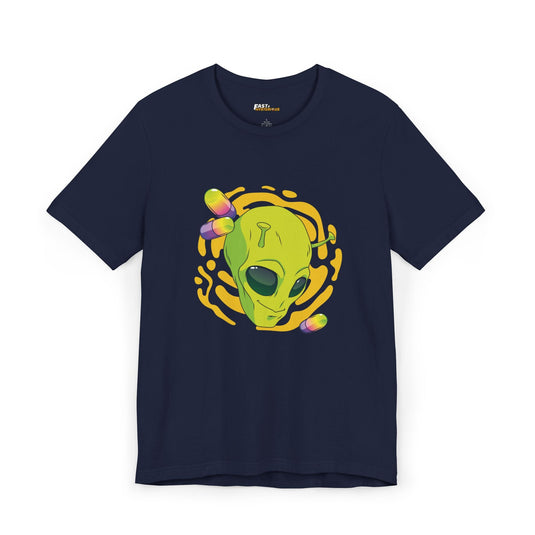 Navy t-shirt for men and women featuring a trippy alien head design with colorful capsules, perfect for rave lovers.