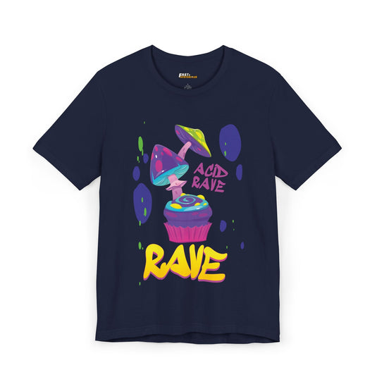 Navy t-shirt for men and women featuring a colorful psychedelic cupcake with mushrooms and graffiti-style text, perfect for rave lovers.