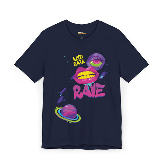 Navy t-shirt featuring psychedelic lips and planetary visuals, perfect for trippy rave fans and festival fashion.