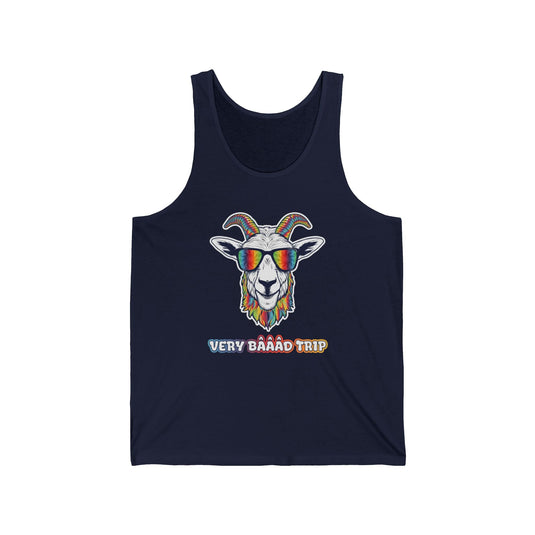 Navy tank top for men and women featuring a trippy "Very Baaad Trip" design with a colorful goat graphic, perfect for rave parties.