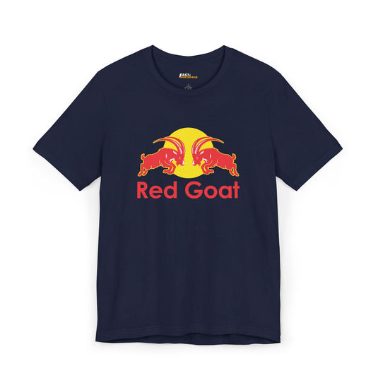 Navy tee for men and women featuring a 'Red Goat' logo parody, perfect for those who enjoy clever humor and bold designs.