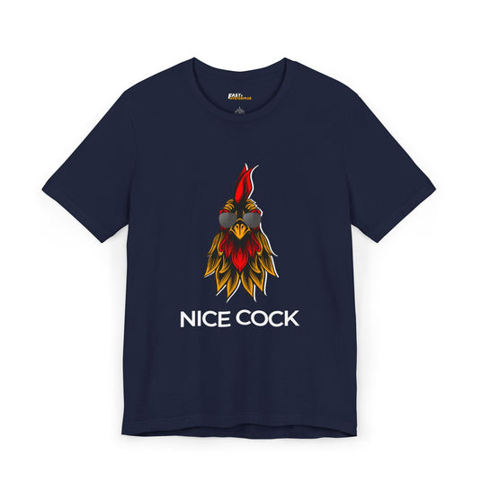 Navy men's tee featuring a colorful rooster graphic and the cheeky phrase 'Nice Cock,' perfect for those who enjoy a good laugh.