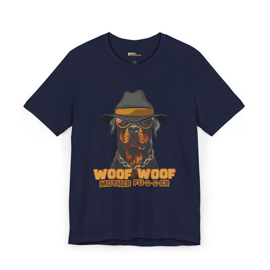 Navy tee for men and women with a fun 'Woof Woof Mother F***er' Rottweiler design, great for adding some humor to your outfit.