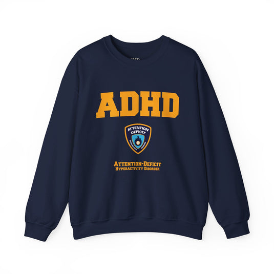 Navy sweatshirt for men and women with a witty 'ADHD' design mimicking a police logo, ideal for adding humor to your outfit.